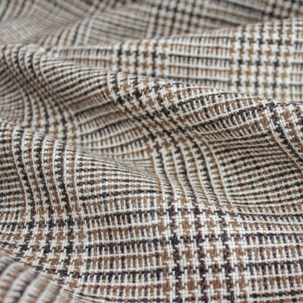Brown and White Houndstooth Wool Bland Fabric